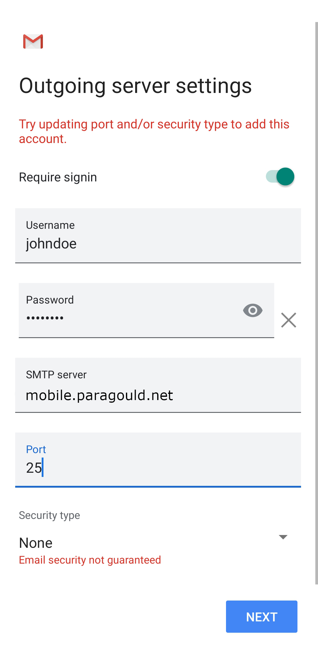android - outgoing server settings