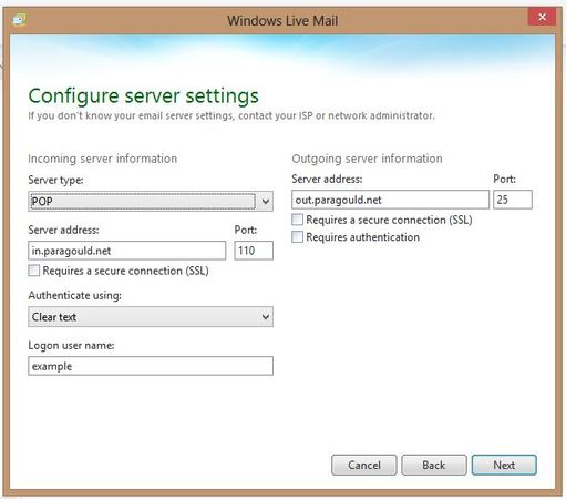 Windows Live Mail server settings