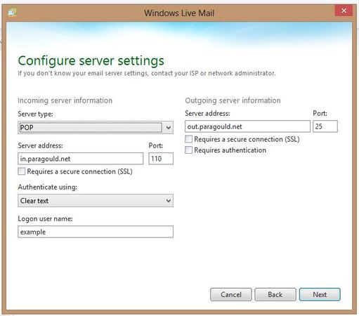 Windows Live Mail server settings Windows Live Mail server settings